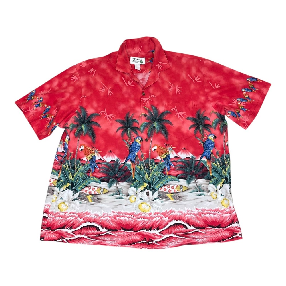KYS Hawaiian Shirt Mens 2XL Red Parrot Tropical‎ Palm Beach Surf Made in Hawaii
